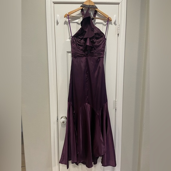 Y2K Evening Halter Gown Women’s Size 12 Small Purple Satin Beaded Prom Wedding - Picture 3 of 14
